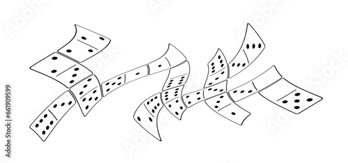 Cartoon domino tiles. Classic dominoes, domino's pictogram. Playing, parts of game full bones tiles. Black, white domino. Flat vector set. 28 pieces. White chip of domino on board for gambling. 