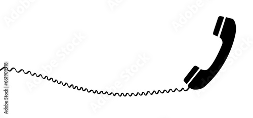 Cartoon old black handset with wire. Retro telephone receivers connected. Hand set phone sign. Phone conversation, call us or contact us concept. Telephone icon. Phone number