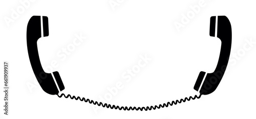 Cartoon old black handset with wire. Retro telephone receivers connected. Hand set phone sign. Phone conversation, call us or contact us concept. Telephone icon. Phone number