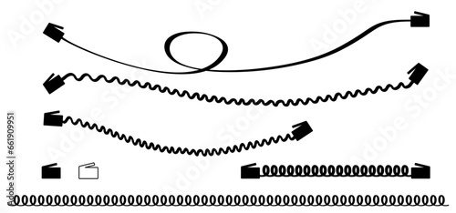 Cartoon old black handset with wire. Retro telephone receivers connected. Hand set phone sign. Phone conversation, call us or contact us concept. Telephone icon. Phone number