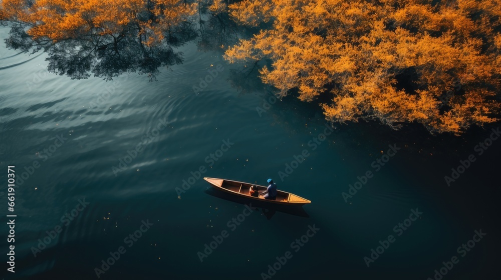 Naklejka premium Autumn Aerial. Serene Lake with Rowing Person and Ample Copy Space