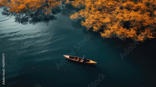 Autumn Aerial. Serene Lake with Rowing Person and Ample Copy Space