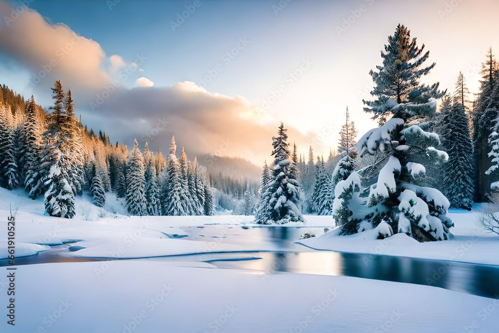winter landscape with snow - obrazy, fototapety, plakaty 