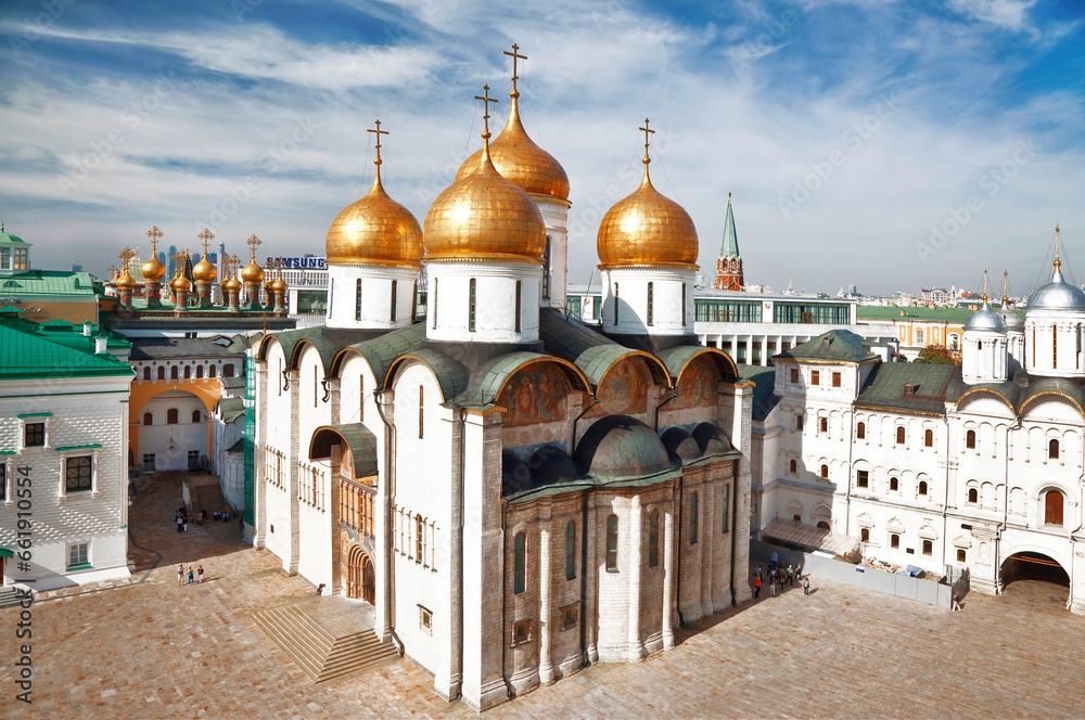 Top view of the Cathedral Square of the Moscow Kremlin with the Assumption Cathedral in the center. Moscow, Russia