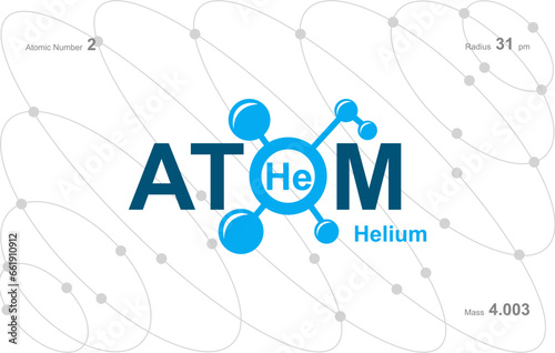 modern logo design for the word "Atom". Atoms belong to the periodic system of atoms. There are atom pathways and letter He.