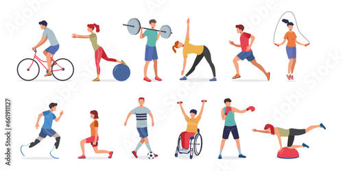 Sport exercises. Diverse people team. Athletic jogging. Bodybuilders lifting barbell. Fitness active workout. Disabled persons. Pilates training with ball. Vector isolated athletes set