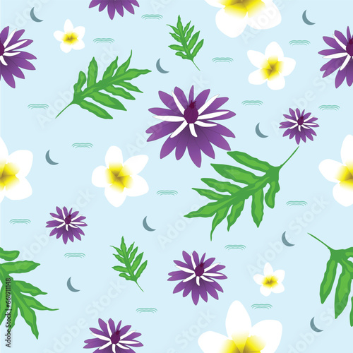 Seamless pattern with spring floral bluish. Elegant decoration for any kind of a design. Fabric, Textile, wrap paper print with colorful abstract flowers and leaf.
