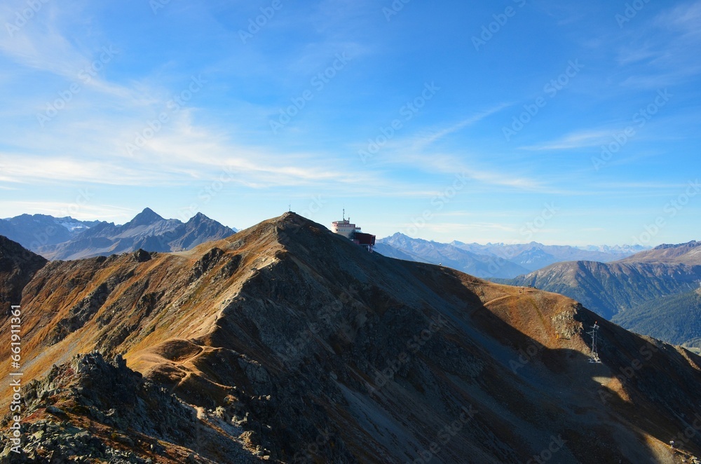 Jakobshorn. Beautiful autumn hike to the Jakobshorn above Davos Klosters Mountains. Mountaineering in the Swiss Alps Grison. High quality photo