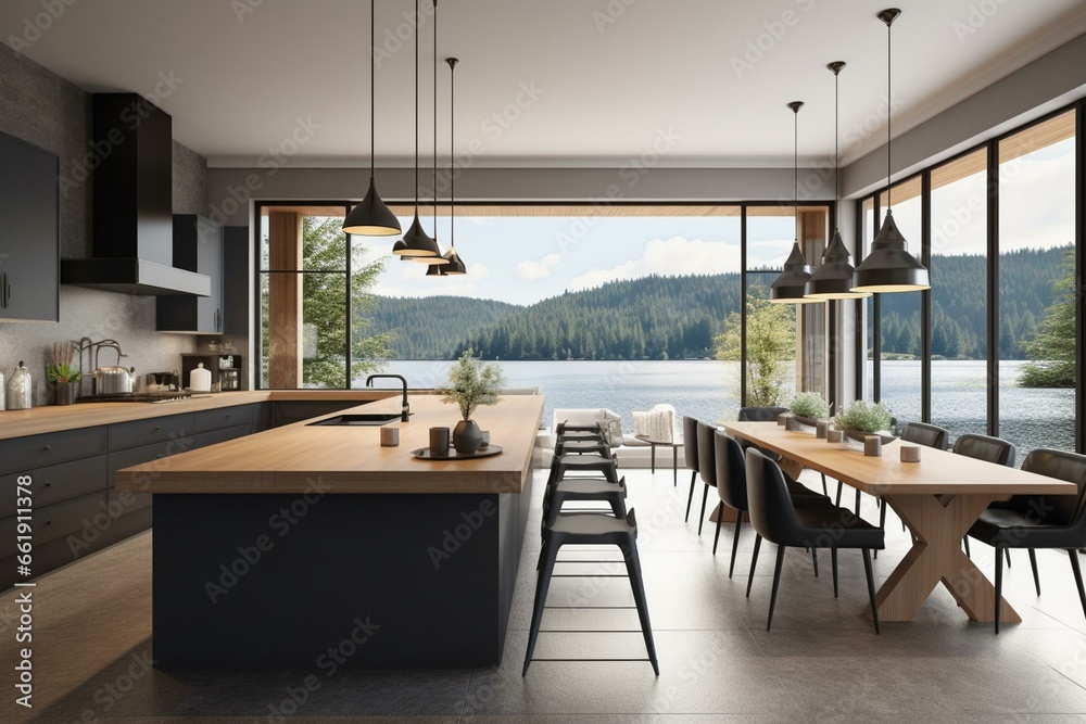 Luxury lake-view kitchen and dining room of a modern vacation home for big family. Interior 3D rendering. Generative AI