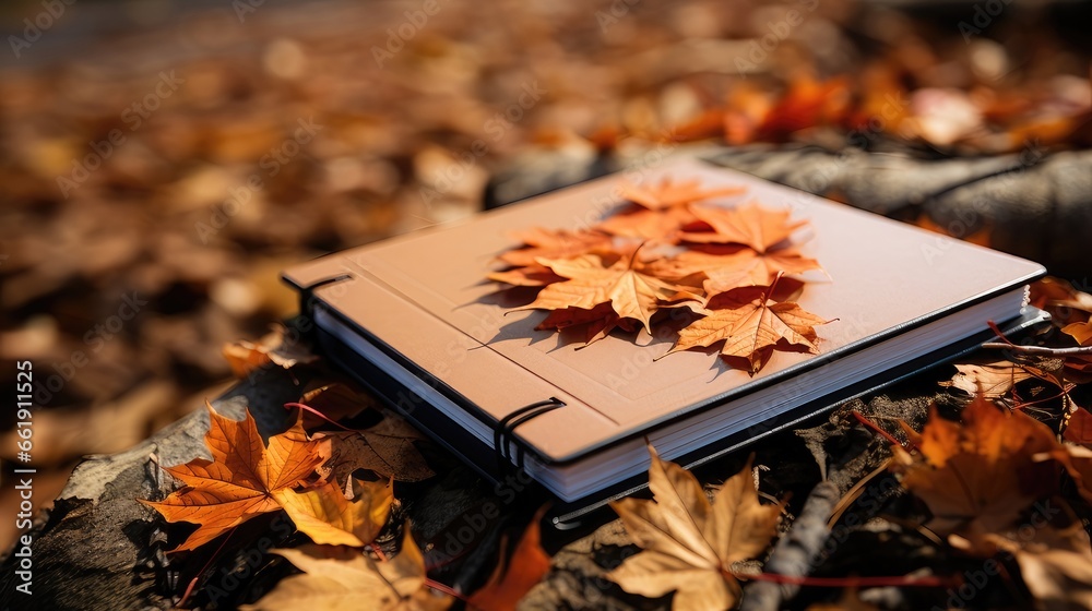 Notebook Close-Up on Ground with Autumn Maple Leaves Backdrop