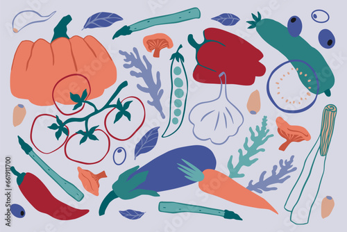 Abstract vegetables. Fruit, veg plate, food art, grocery market, cute kitchen for vegetarians, organic healthy nutrition. Pumpkin and eggplant, carrot and tomatoes. Vector modern illustration