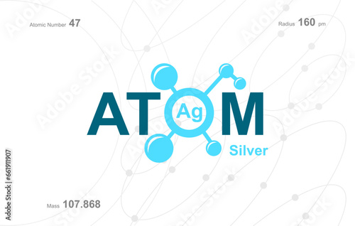 modern logo design for the word "Atom". Atoms belong to the periodic system of atoms. There are atom pathways and letter Ag.