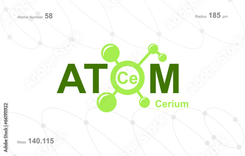 modern logo design for the word "Atom". Atoms belong to the periodic system of atoms. There are atom pathways and letter Ce.