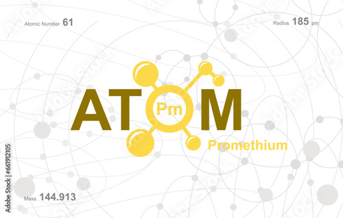 modern logo design for the word "Atom". Atoms belong to the periodic system of atoms. There are atom pathways and letter Pm.