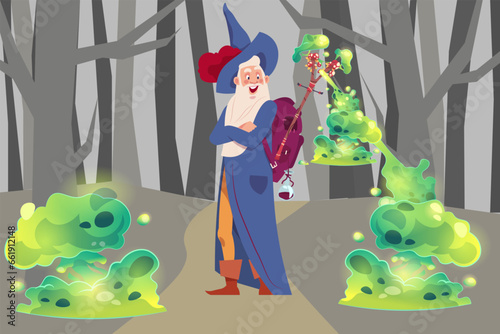 Cartoon wizard illustration. Magic character with with magic tools. Old man with grey beard in robe, sorcerer and alchemist in forest. Mystery spell or sorcery mascot, vector illustration