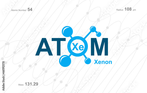 modern logo design for the word "Atom". Atoms belong to the periodic system of atoms. There are atom pathways and letter Xe.