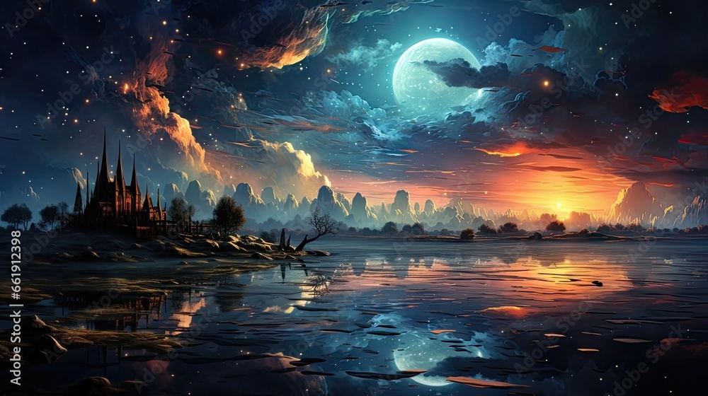 Fototapeta premium Enchanting Nighttime Sky. Stars, Moon, and Gentle Ocean Waves – Ideal for Mobile Web and Ads