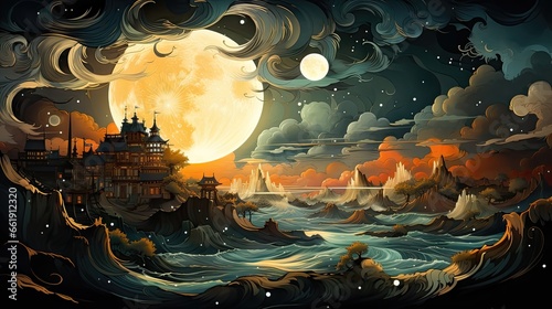 Mystical Night Sky with Stars and Moon Over Gentle Ocean Waves. Enchanting Mobile Web and Advertisements