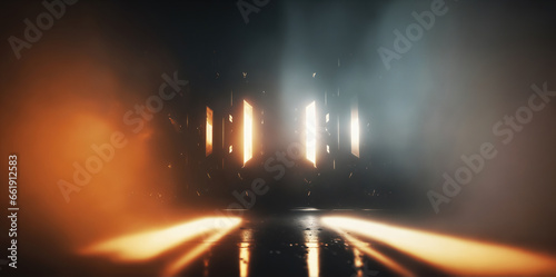 Intense Sci-fi Light Atmosphere in Dark Room with Orange and Blue Hues, Abstract Illumination, Lens Flares and Light Streaks