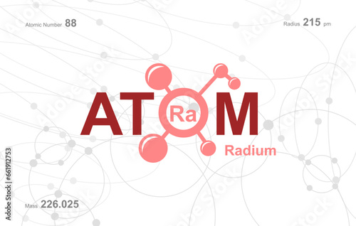 modern logo design for the word "Atom". Atoms belong to the periodic system of atoms. There are atom pathways and letter Ra.