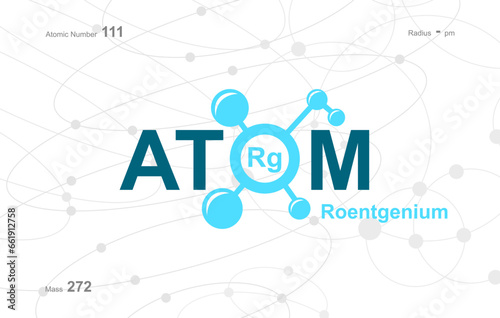 modern logo design for the word "Atom". Atoms belong to the periodic system of atoms. There are atom pathways and letter Rg.