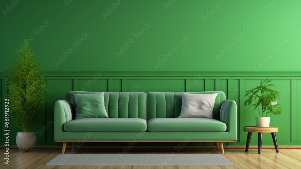 Green sofa with table on green wall and wooden flooring.3d rendering Green sofa with table on green wall and wooden flooring.3d rendering