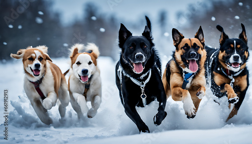 a group of dogs running through the snow