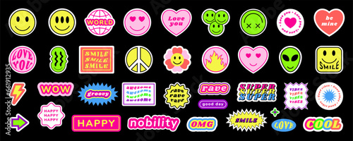 Y2K stickers. Cute smile icons. Retro emoji elements. 90s cool groovy flower. Trendy fire symbol. Alien smiley. Rave vibes. Awesome and happy. Funny word labels. Vector graphic shapes set