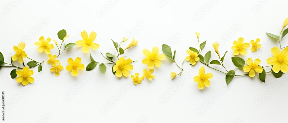 A graceful flat lay of little yellow flowers, captured from above, whispering of spring, against a gentle, light background, providing a fresh and airy canvas with a serene empty space. A graceful flat lay of little yellow flowers, captured from above, whispering of spring, against a gentle, light background, providing a fresh and airy canvas with a serene empty space.