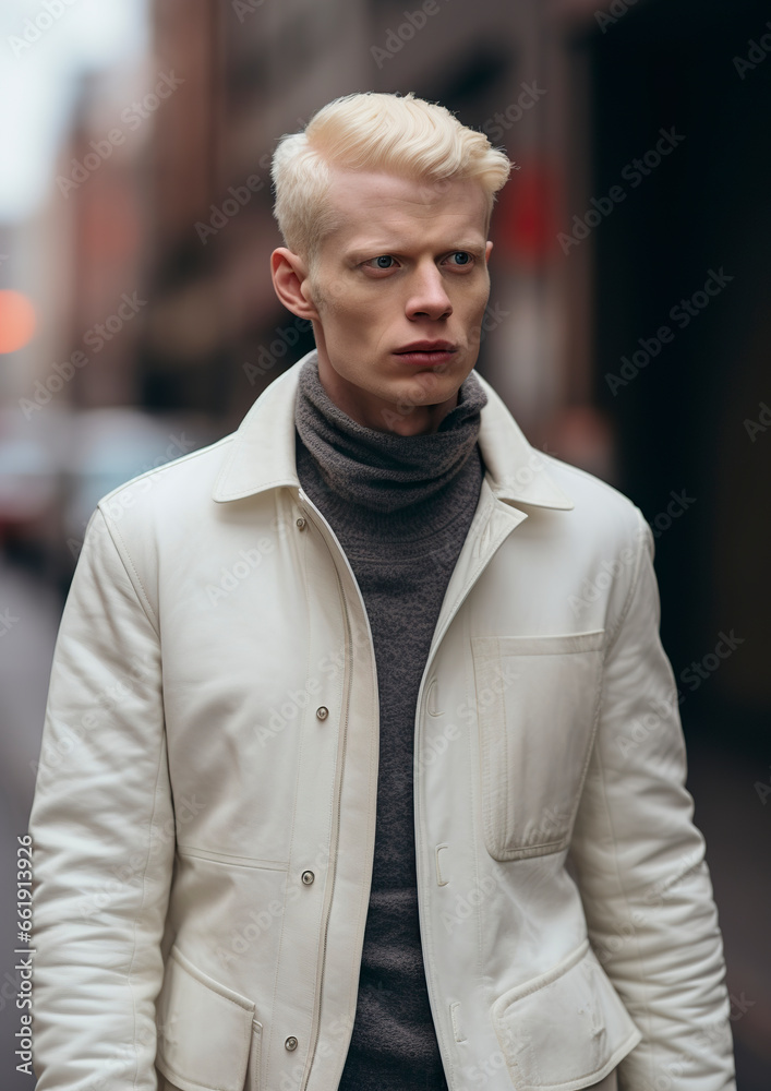 Obraz premium A handsome albino man radiating confidence in his uniqueness on a busy street. Albino man challenges conventional aesthetic standards with elegance.
