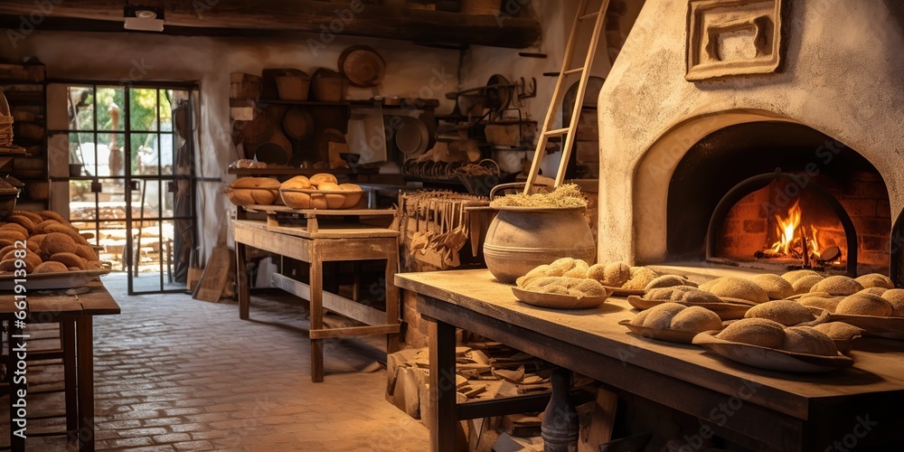 Scene of a traditional bakery, where fresh bread is baked in a wood-fired oven, and the scent fills the air , concept of Artisan craftsmanship