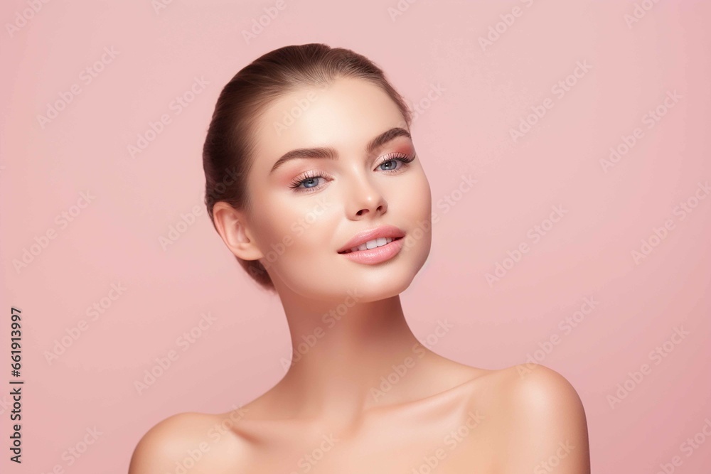 Beautiful face of young woman with perfect health skin, spa concept, pink background Beautiful face of young woman with perfect health skin, spa concept, pink background
