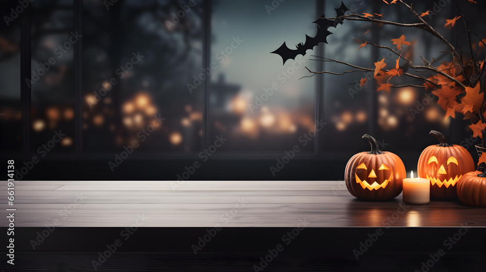Wooden table top for product display on Halloween theme with pumpkins - obrazy, fototapety, plakaty 