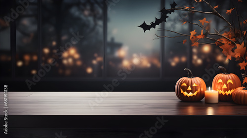 Wooden table top for product display on Halloween theme with pumpkins