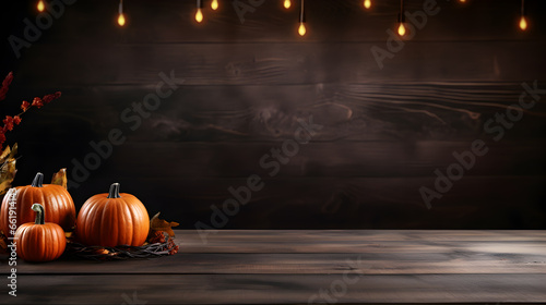 Wooden table top for product display on Halloween theme with pumpkins