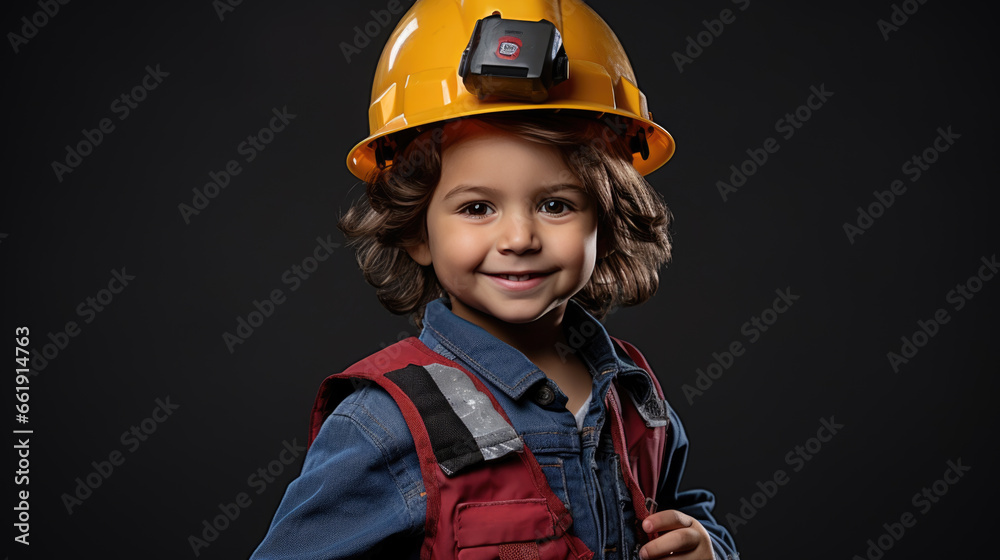 Happy boy wearing helmet or hard hat imitate builder or engineer Happy boy wearing helmet or hard hat imitate builder or engineer
