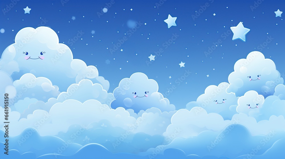 Funny Blue sky with white clouds and stars isolated background. AI generated image
