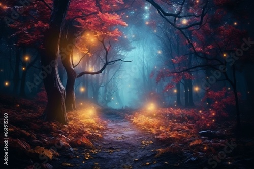 Vibrant autumn woods with breathtaking foliage, glowing lights, fog, and flying particles, creating a magical dark fairytale forest at night. Generative AI