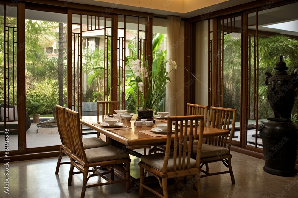 Beautiful Asian dining room with wooden furniture, bamboo accents, and serene natural backdrop. Generative AI