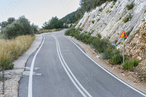 Lefkada  Greece - 1 february 2023 - deserted mountain road in the inland of the island of Lefkada