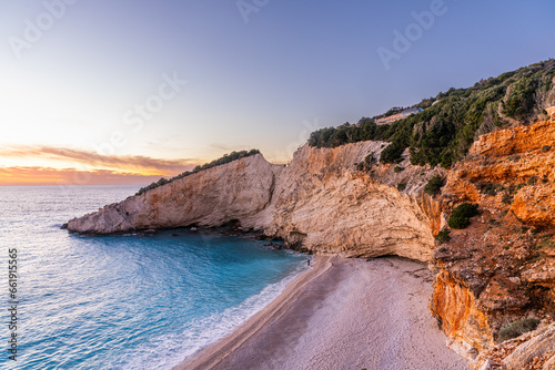Lefkada, Greece - 1 february 2023 - Porto Beach in the inland of the island of Lefkada at sunset