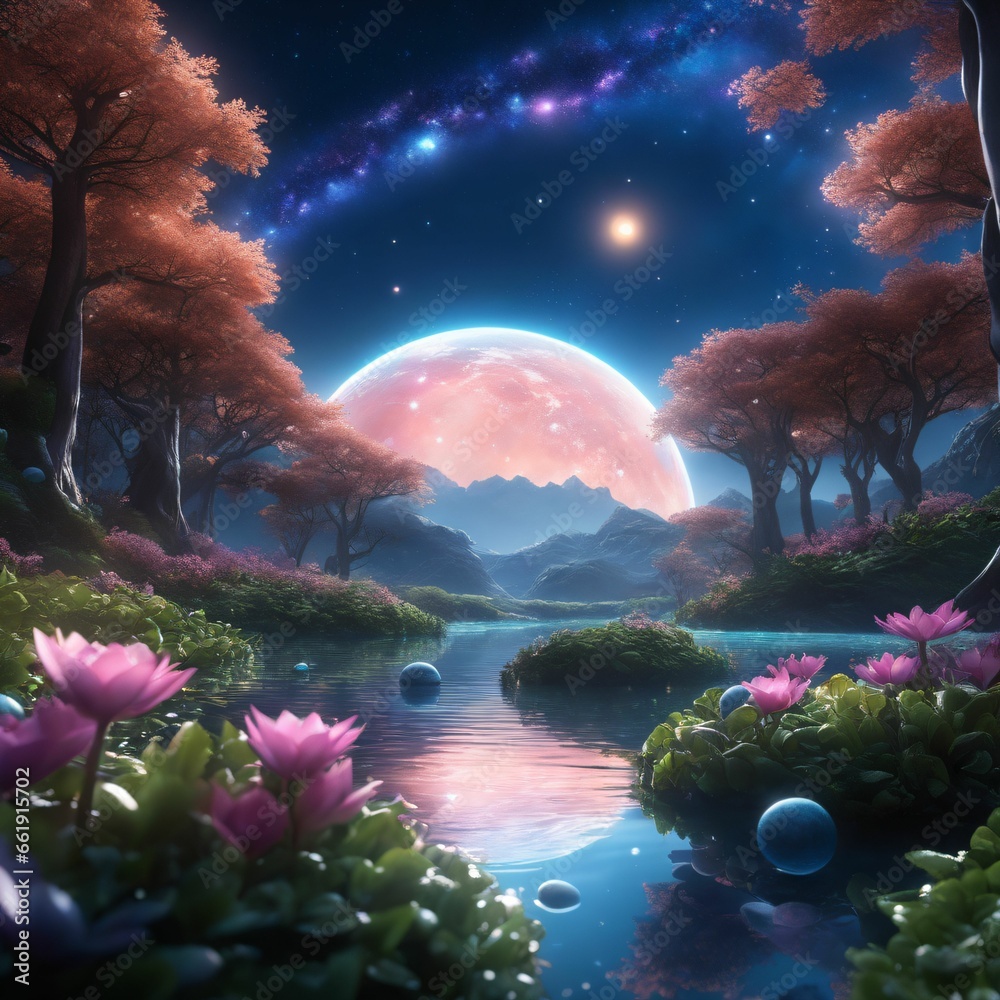Fototapeta premium Tauchen Sie ein in eine faszinierende Galaxie! Unbekannte Welten enthüllen ihre Wunder. Im Vordergrund blüht exotische Flora, während ferne Planeten am Horizont erstrahlen. Schönheit jenseits der Erde