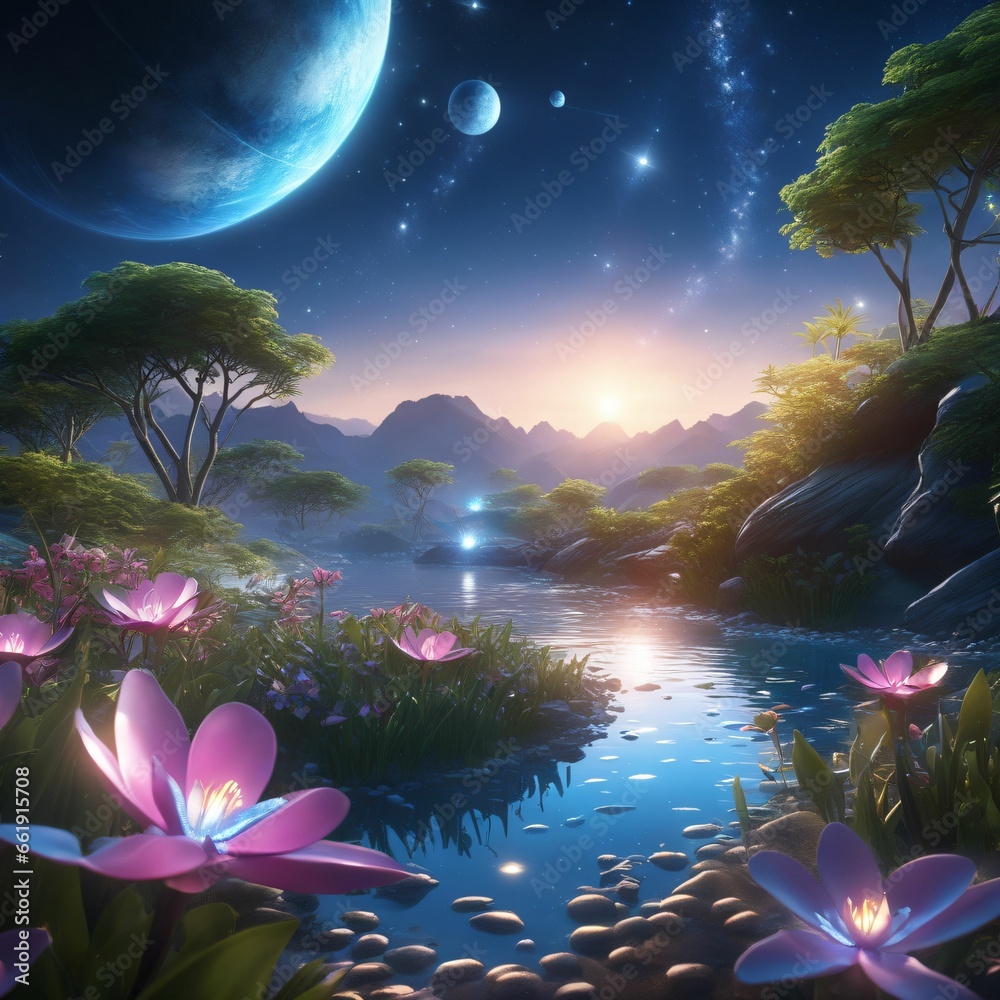 Tauchen Sie ein in eine faszinierende Galaxie! Unbekannte Welten enthüllen ihre Wunder. Im Vordergrund blüht exotische Flora, während ferne Planeten am Horizont erstrahlen. Schönheit jenseits der Erde Tauchen Sie ein in eine faszinierende Galaxie! Unbekannte Welten enthüllen ihre Wunder. Im Vordergrund blüht exotische Flora, während ferne Planeten am Horizont erstrahlen. Schönheit jenseits der Erde