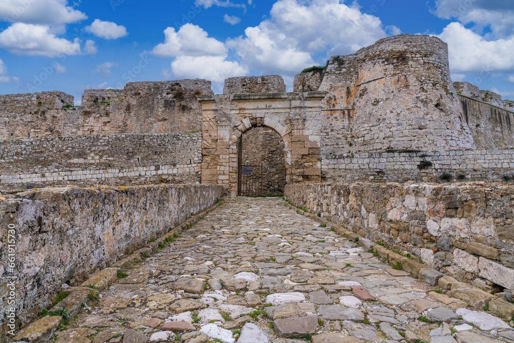 Methoni, Greece - 8 February 2023 - Entrance bridge and front of the Methoni Castle