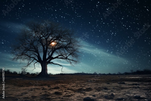 Night timelapse of a tree against a starry sky without leaves. Generative AI