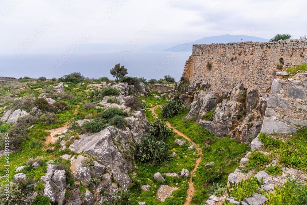 Nafplion, Greece - 14 February 2023 - The Fortress of Palamidi rising above Nafplion on the Peninsula of Greece