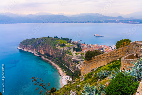 Nafplion, Greece - 14 February 2023 - The town of Nafplion seen from the castle on a sunny day in wintertime