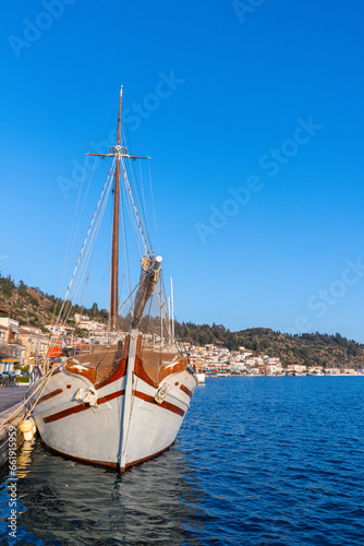 Poros, Greece - 17 February 2023 - Sailingboat in the harbour of Poros