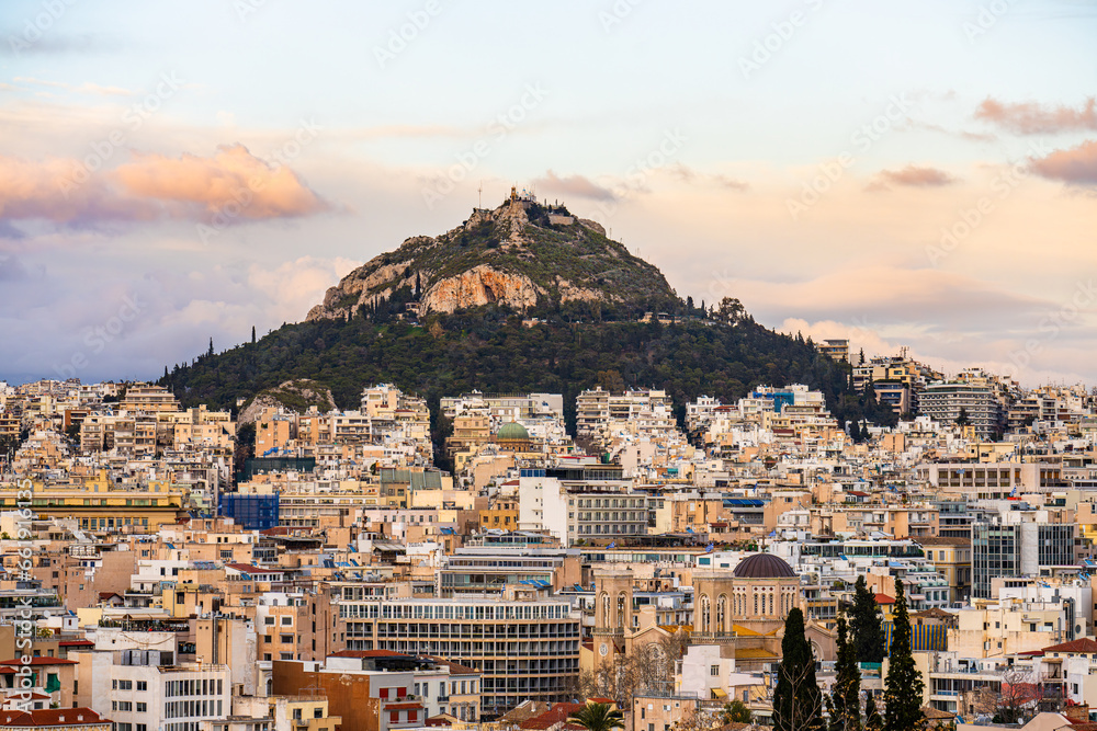 Athens, Greece - 4 March 2023 -view on the Lycabettus Hill from the Pantheon site in the center of Athens
