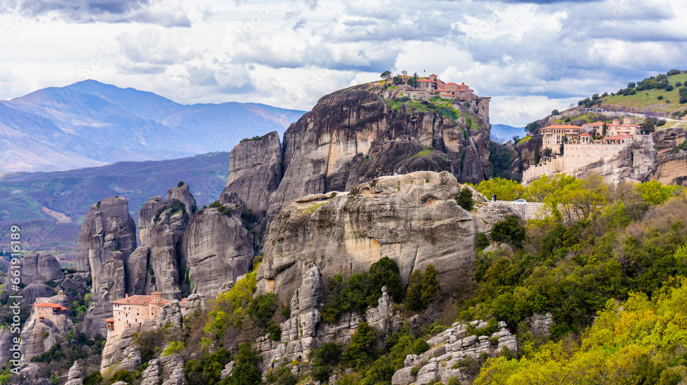 Meteora, Greece - 28 March 2023 - Several Monasteries seen from a distance